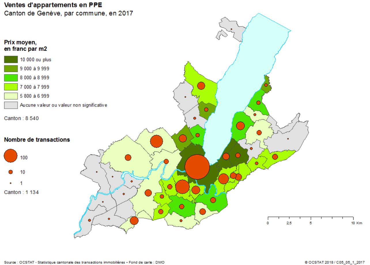 evolution prix moyen par m2 des ventes appartements en PPE geneve 2019