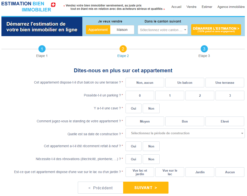 remplissez etape 2 du formulaire et decrivez en detail appartement pour estimation suisse