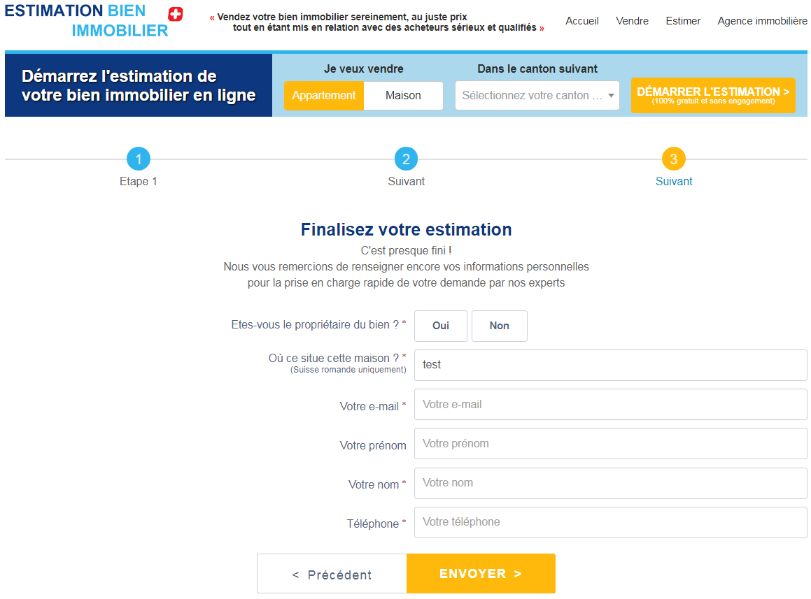 remplir etape 3 du formulaire en ligne pour estimation valeur prix maison