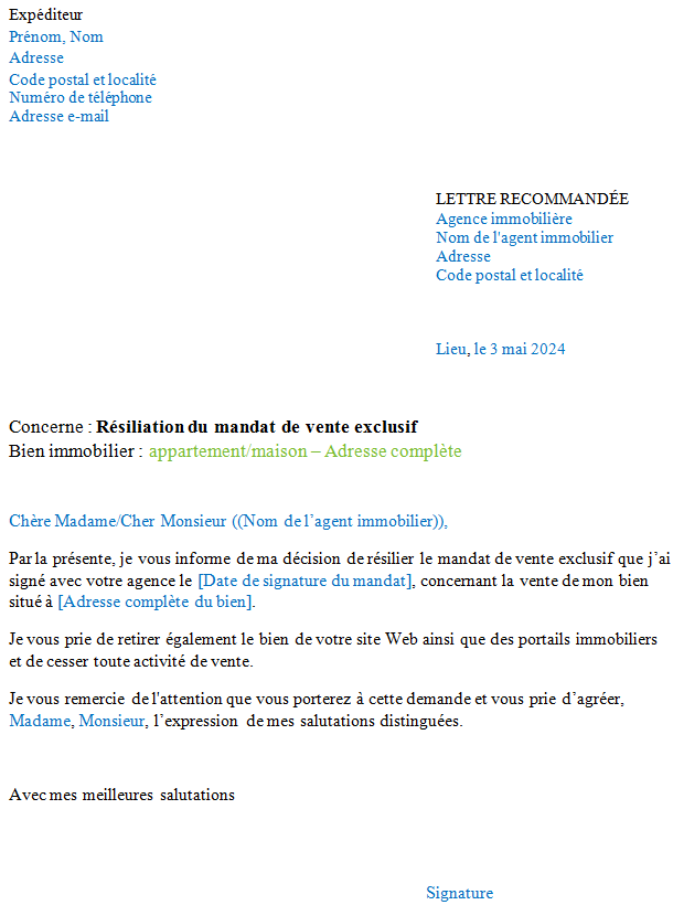 exemple modele de lettre type resiliation mandat de vente exclusif suisse exemple modele de lettre type resiliation mandat de vente exclusif suisse