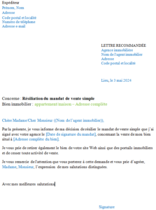exemple modele de lettre type resiliation mandat de vente simple suisse